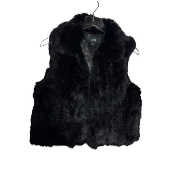 Surell 100% Rabbit Fur Woman's Black Vest size small medium big collar hook eye - Picture 2 of 8